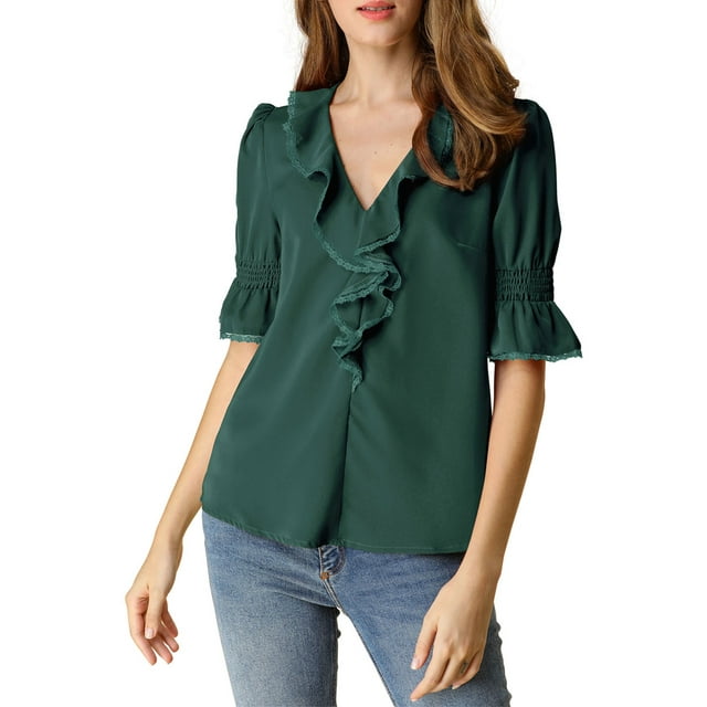 INSPIRE CHIC Women's Ruffled V Neck Puff Elbow Sleeve Semi-Sheer Chiffon Blouse L Dark Green