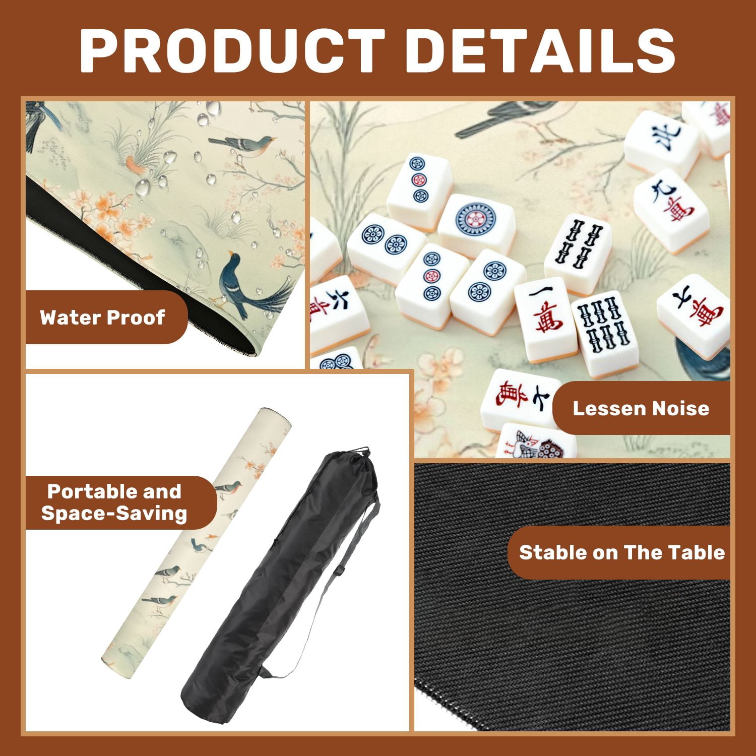 Mahjong Mat 31.5" x 31.5" Birds Blossoming Trees Soft Pastel East Asian Inspired Garden Non-Slip Noise Reduction American Mahjong Tiles Table Cover for Dominoes Poker Card Board Games Gift