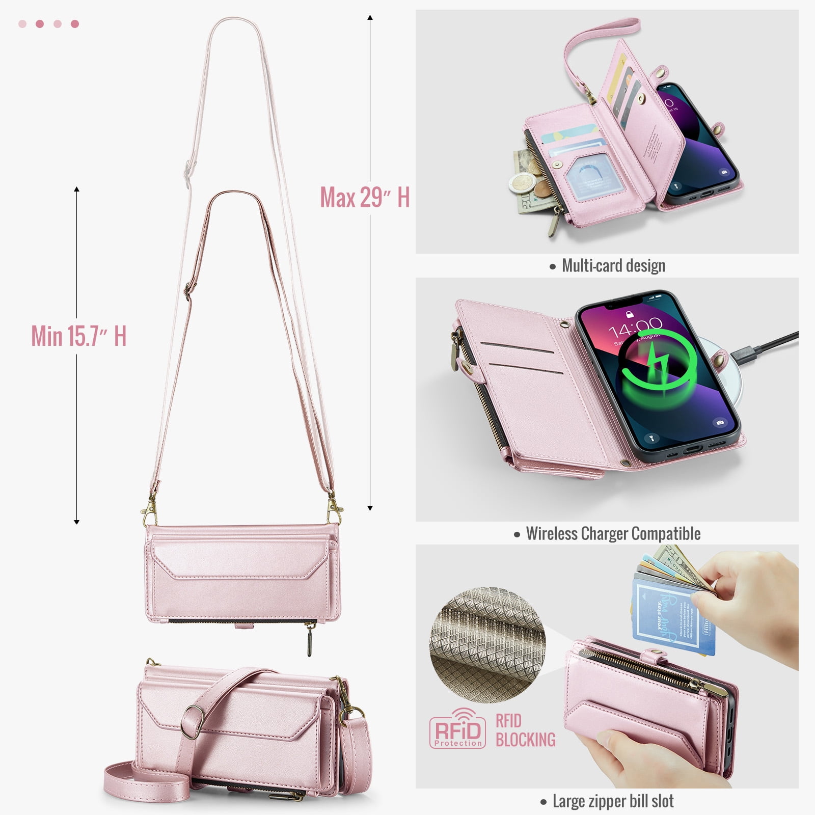 Compatible with iPhone 15 Plus 6.7 inch Zipper Wallet Phone Case Tempered Glass Screen Protector Crossbody Lanyard Strap Flip Card Holder Slot Cell Cover for i Phone15 15+ i15+ 15Plus Women Rose Gold