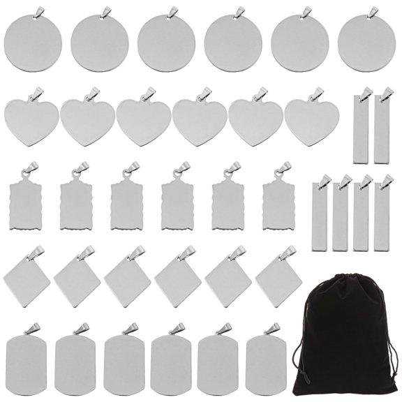 36 Pcs Stainless Steel Stamping Blanks – Large Charms & Pendants, Multiple Shapes (Round, Heart, Rectangle, Diamond, Mirror) with Velvet Storage Bag, for Necklace, Keychain & DIY Jewelry Crafts