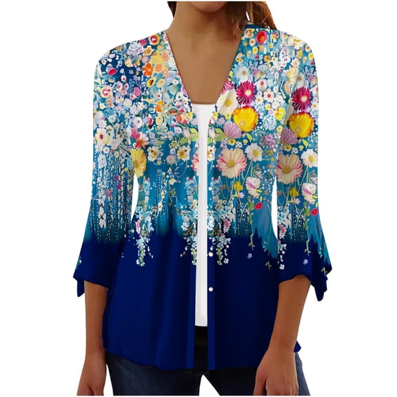Yievot Womens Floral Print Open Front Cardigan 3/4 Sleeve Lightweight Breathable Casual Tops