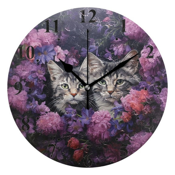 Cats Flowers Floral Purple Black 10 inch Wall Clocks Non Ticking Easy to Read Battery Decorative for Home Bathroom Kitchen Bedroom Living Room