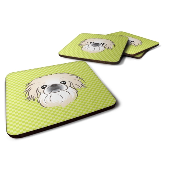 Carolines Treasures BB1283FC Checkerboard Lime Green Pekingese Foam Coaster Set of 4 3 1/2 x 3 1/2 multicolor