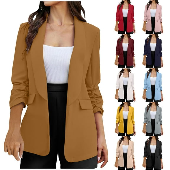 Lovskoo Blazers for Women Business Casual Solid Color 3/4 Sleeve Buckle Free Suit Coat Long Sleeve Coat/Jacket Black
