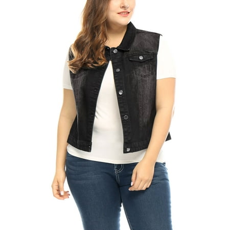 - Women Plus Size Chest Pockets Single Breasted Denim Vest Black 2X