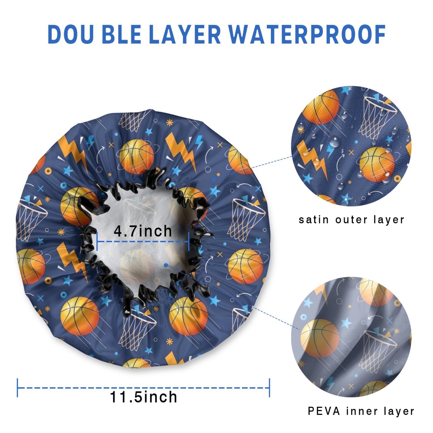 Shower Caps,Basketball Theme Pattern Waterproof Shower Cap for Women 4 Pieces,Double Reusable Hair Cover for Shower PEVA Elastic Stretch Hem