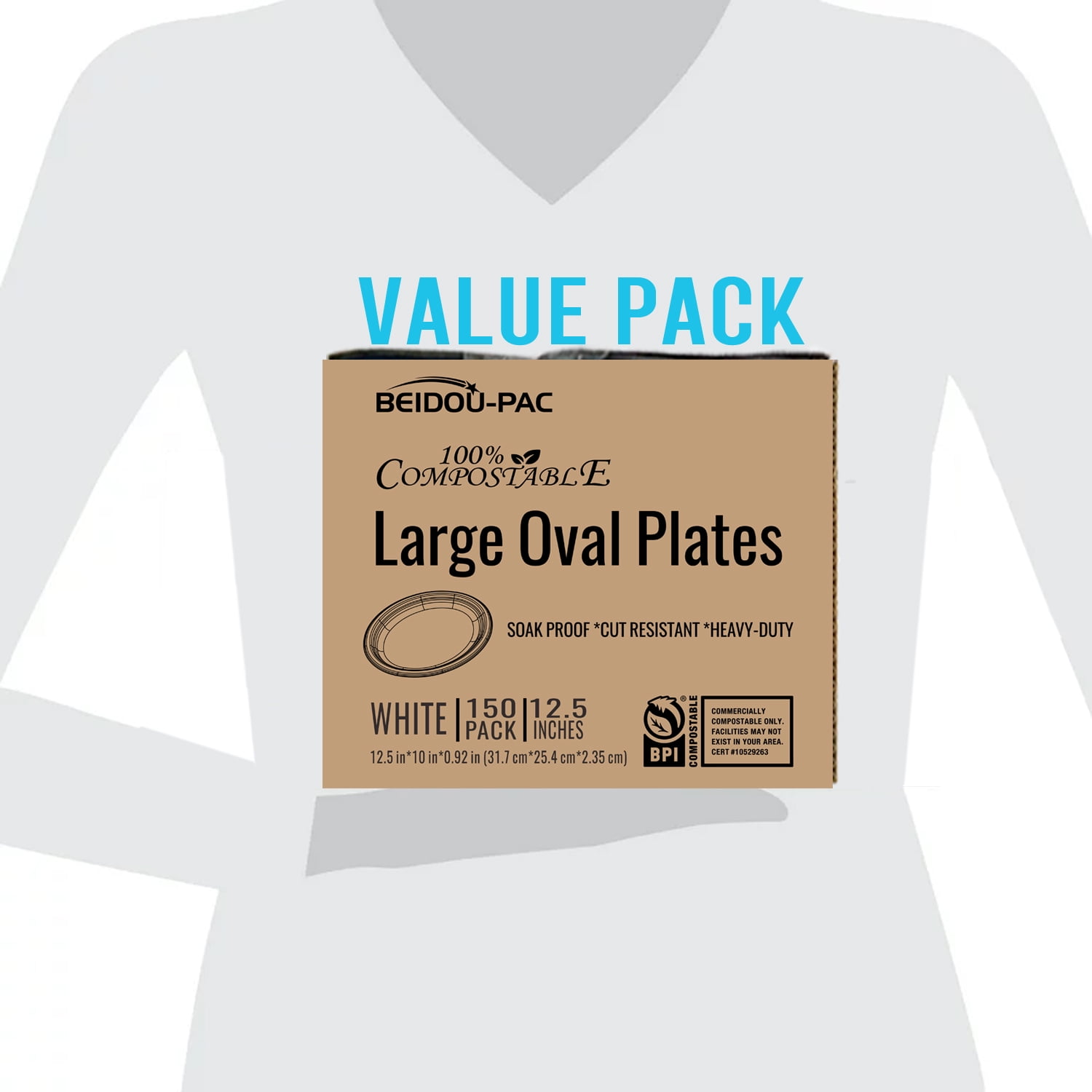 BEIDOU-PAC Compostable Heavy Duty Disposable Oval Paper Plates, 150 Count | 12.5 Inch | Natural Bagasse, Biodegradable Eco-Friendly Sugarcane BBQ, Party, Gathering, Picnic White Sugarcane Tray