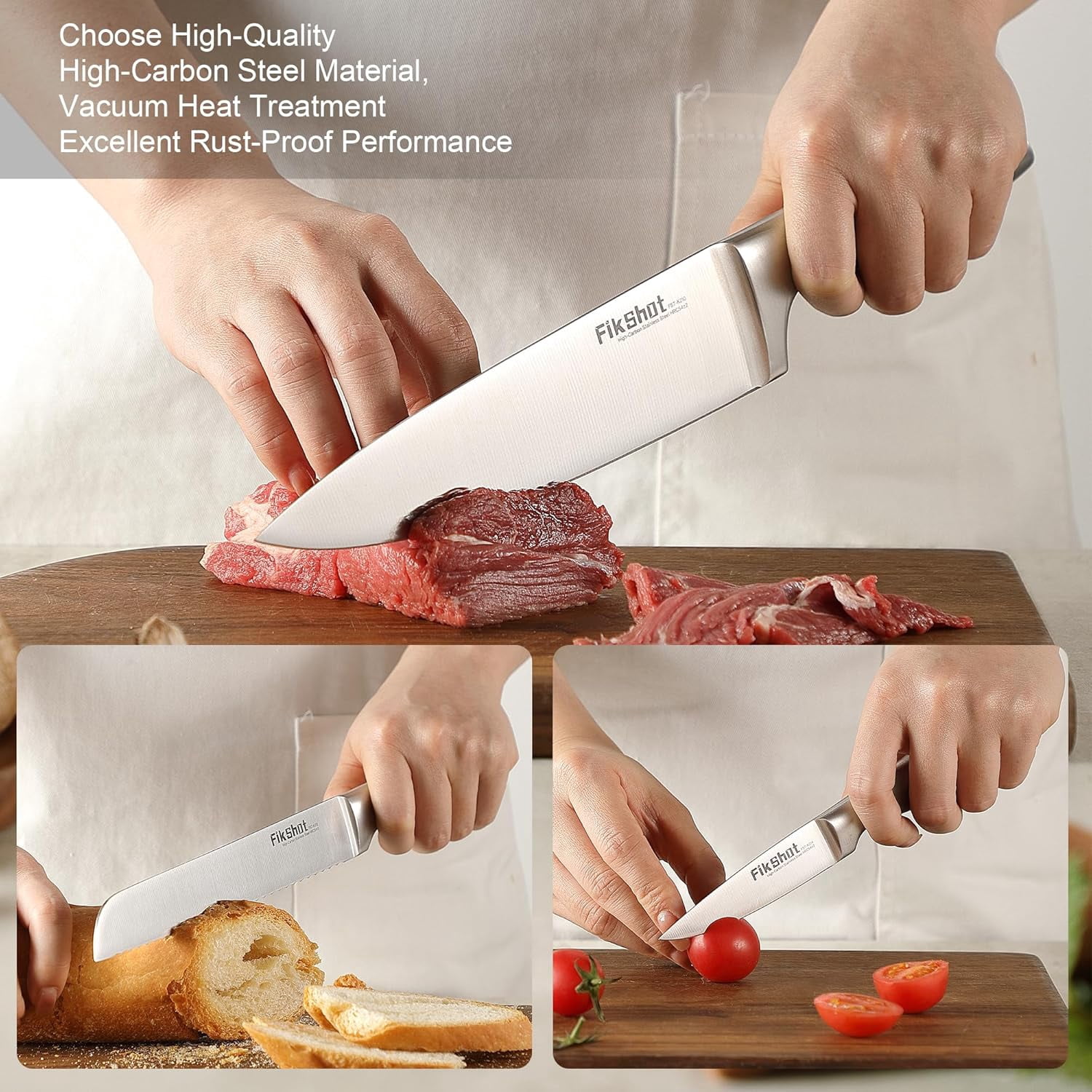 Knife Block Set, Kitchen Knife Sets with Block, FIKSHOT Knives Set for Kitchen - - Santoku Knife, Fruit and Kitchen Sets - Rust Resistant for Homecooks (Silver + Walnut)