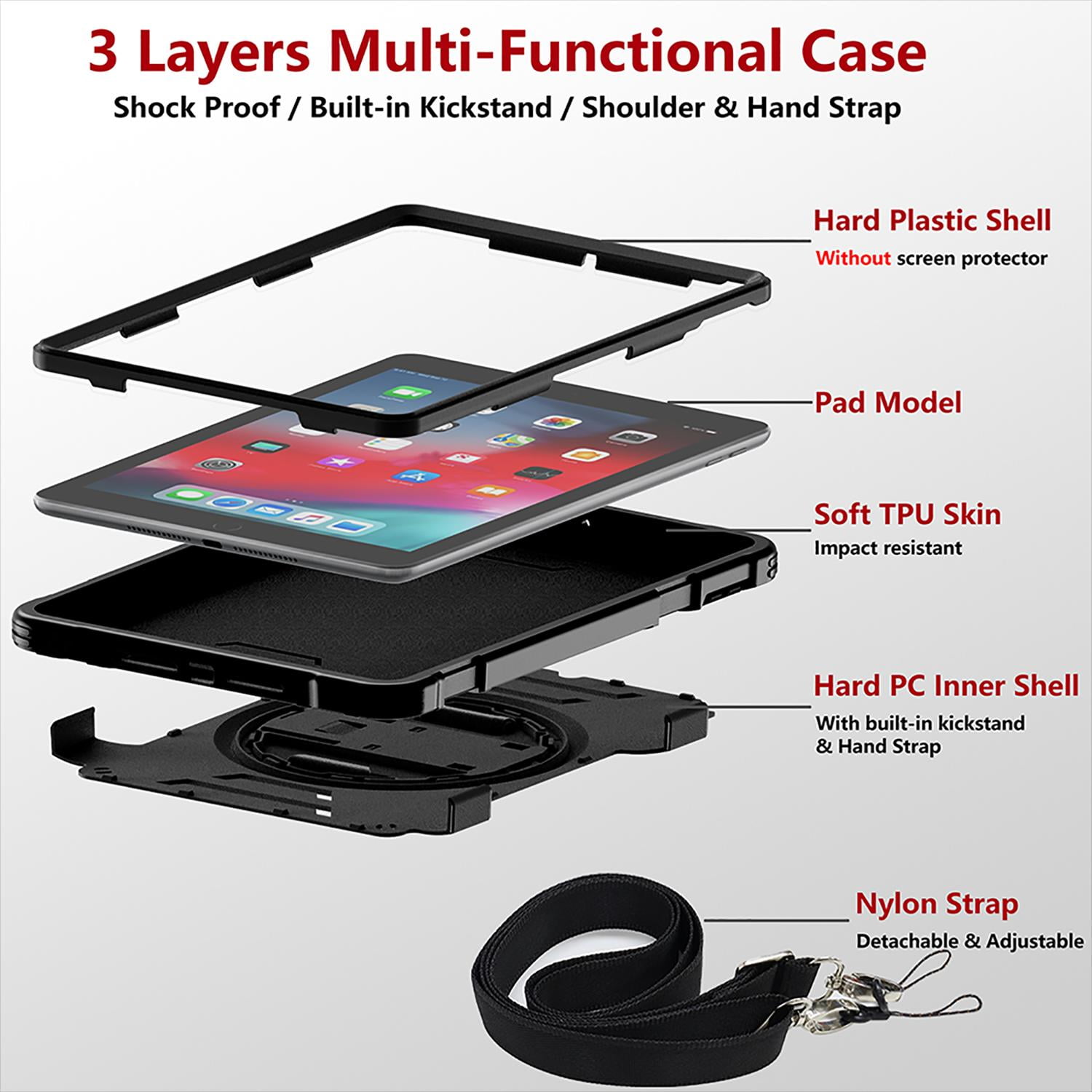 Shockproof Case for Apple iPad 6th 5th Generation, with Pencil Holder Military Grade Protection Rotating Stand Hand Strap Shoulder Strap Bumper Rugged Case for iPad 6th 5th Gen 9.7", Black