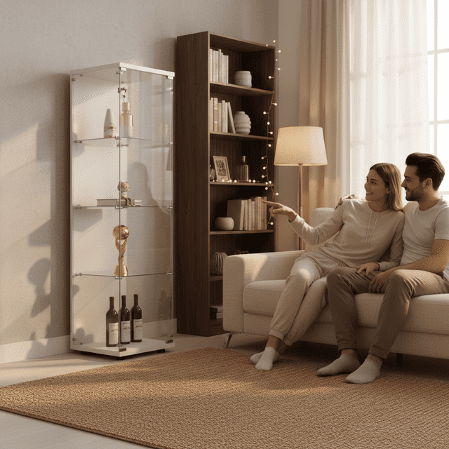 Armoire de Rangement Autoportante Élégante en Blanc, 4 Tablettes pour Exposition et Rangement