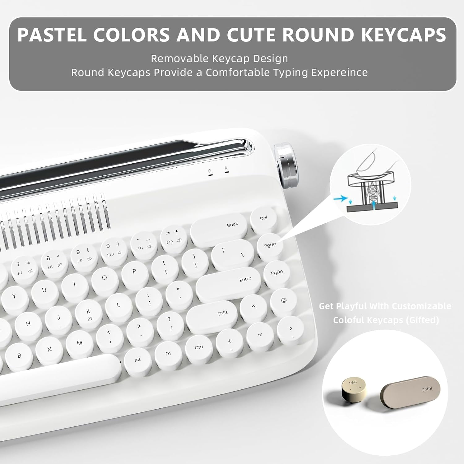 YUNZII Retro Wireless Typewriter Keyboard with Stand, USB-C/Bluetooth, Cute Round Keycaps,Stand for Table, Phone, PC and Win/Mac/Android,White