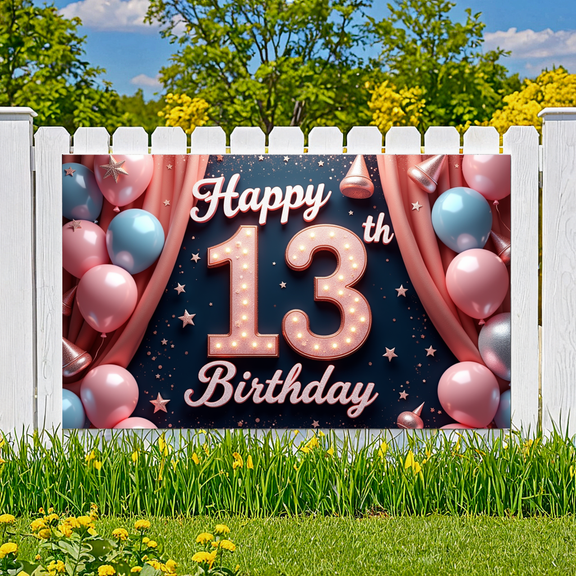 Colorful Balloons Banner Cute Hat Decorative Happy 13th Birthday for Teen Celebration Indoor Decoration Event