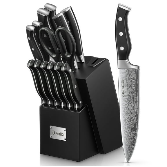 D.Perlla Knife Set, 14 Pcs Kitchen Knives Set with Built-in Sharpener, Stainless Steel Knife Set with Block