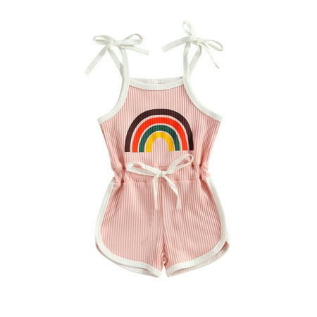 

Summer Infant Girls Cotton Sleeveless Rompers Rainbow Printed Pattern Off Shoulder Suspender Romper