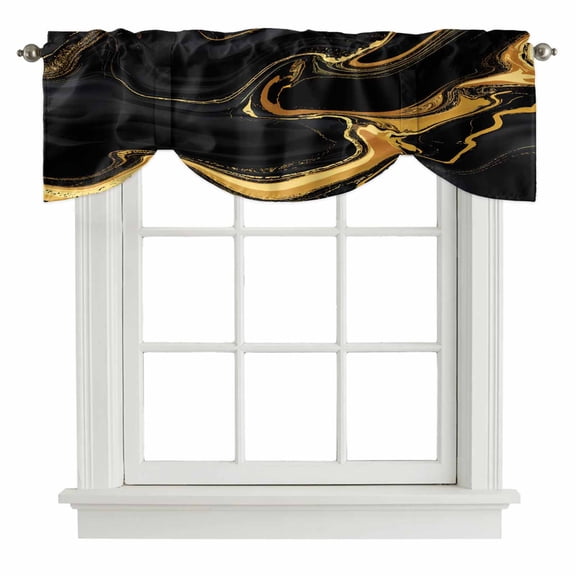 Marble Black Tie Up Valance Curtains for Windows, Kitchen Curtains Window Shades, Vintage Gold Art Abstract Farmhouse Light Filtering Roman Curtain Valances for Bedroom/Bathroom/Cafe 42"x18"