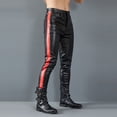 thumbnail image 7 of Men's Full-Length Motorcycle Biker Pants Stretchy PU Faux Leather with Color-Block Patchwork Cone-Shaped Slim Fit Outdoor Casual Trousers, 7 of 7