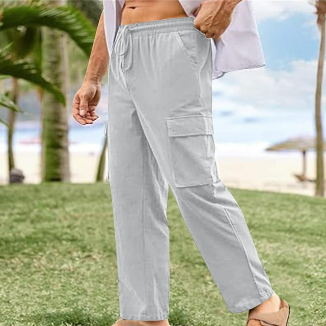 Plus Size Pants For Men Red Cargo Pants Men Mens Linen Cargo Pants Lightweight Elastic Waist Drawstring Casual Loose Summer Beach Yoga Pants with Pockets