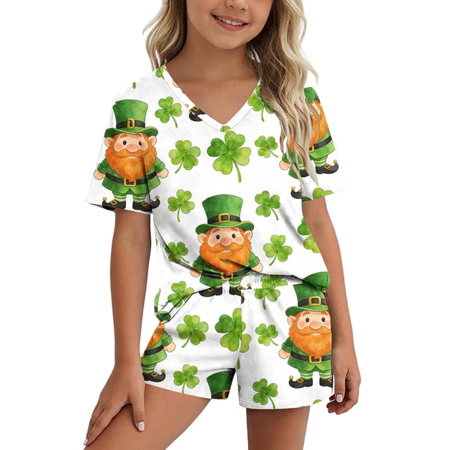 Conjuntos de blusas y camisas de manga corta con cuello en V para niños, conjunto informal de blusa y pantalones cortos de manga corta con cuello en V y estampado de colores para el Día de San Patrici