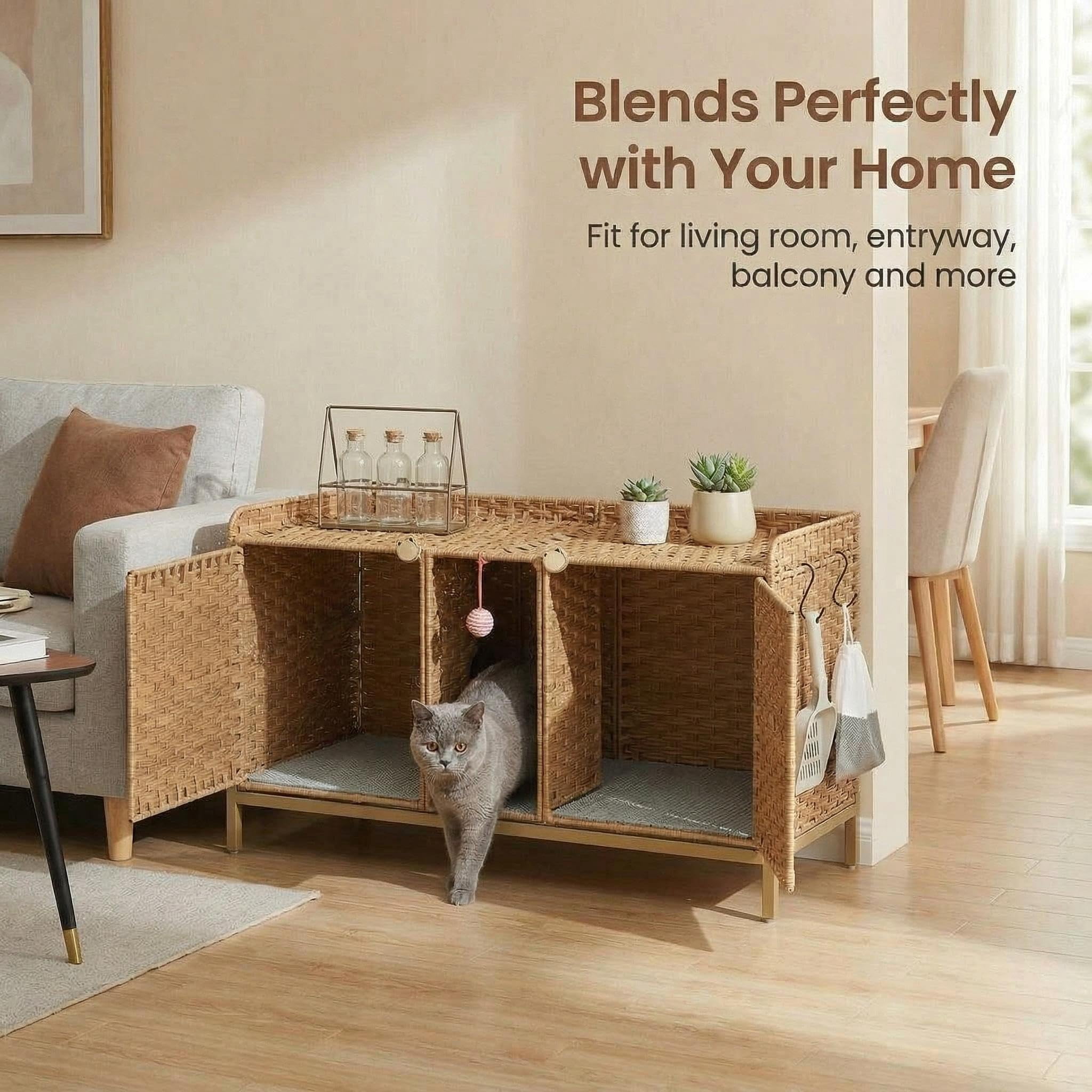 Rattan Double Cat Litter Box Enclosure - Hidden Cabinet for 2 Cats with Removable Mat, S-Shaped Hooks & Play Game - Decorative Large Cat Washroom Furniture for Living Room or Bedroom - Natural Color