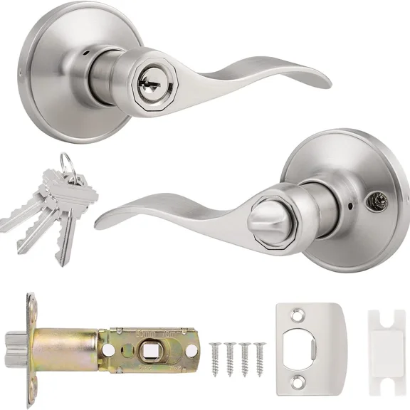 Entry Door Lever Door Handle with Lock and Key, Interior Exterior Door Handle, Front Door Handle Entry Door Knob Wave Style Lever Handles, Keyed