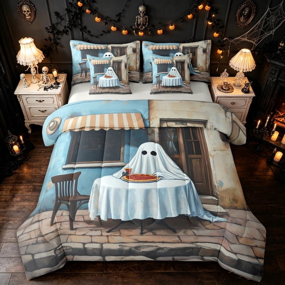 Feelyou Spooky Street Ghost Twin Bedding, Cartoon Outdoor Pizza Bedding Comforter Set, Blue Beige, Gray Reversible, 7-Piece