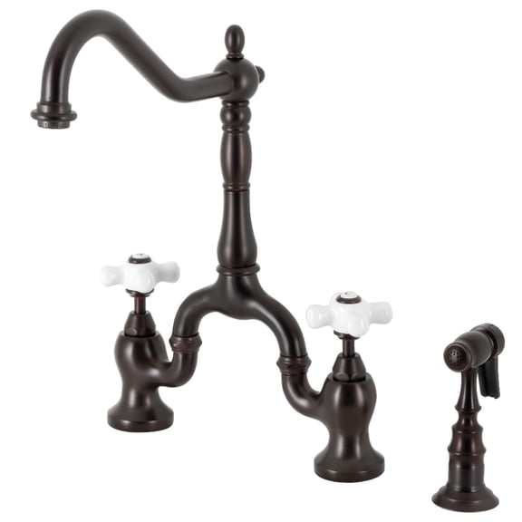 Kingston Brass KS7755PXBS English Country Two-Handle 3-Hole Deck Mount Bridge Kitchen Faucet with Brass Side Sprayer in Oil Rubbed Bronze