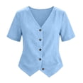 thumbnail image 5 of Nooxsoe Women’s Short Sleeve Button Down Cotton Linen Tops V Neck Collarless Slim Tailored Fit Soft Breathable Curved Hem Gauze Blouse for Summer Vacation Office Beach Daily Casual Clothes Blue M, 5 of 5