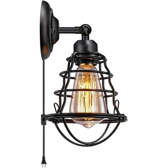 Industrial Plug in Wall Light, E27 Base Vintage Cage Wall Lamp, Adjustable Back Metal Wall Sconce Fixture for Loft Bedroom Living Room Hallway,b