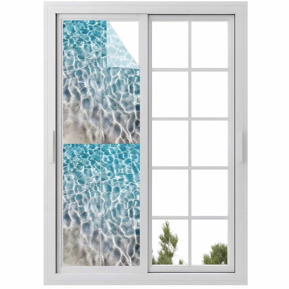 Water Ripple Window Privacy Film Ocean Art Realistic Sea Sand Decorative Glass Window Film UV Blocking Static Cling Non-Adhesive Sticker Covering for Home Door 29.5 x 118 inches
