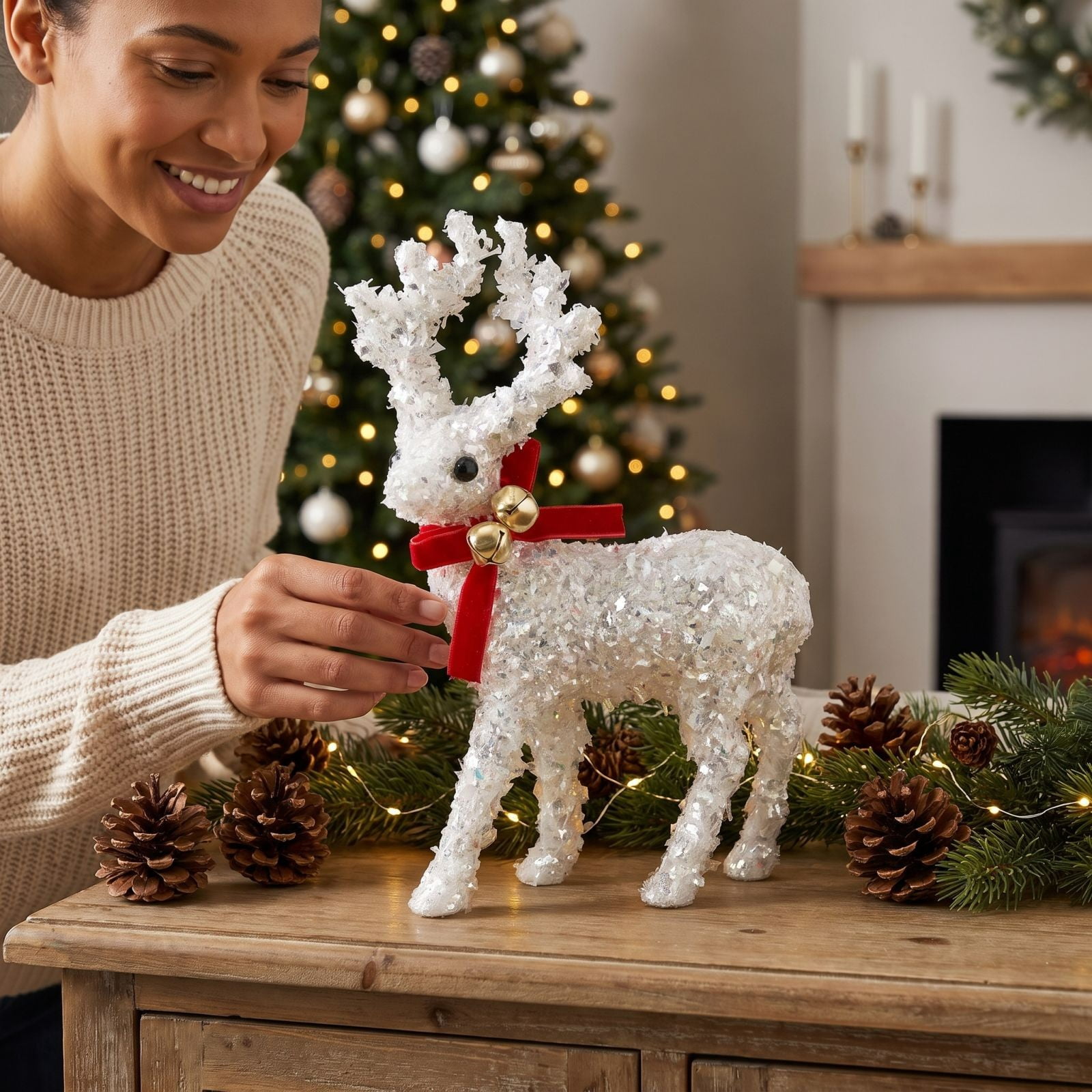 Glitter Reindeer Christmas Tabletop Decor, Standing Deer Figurine with Velvet Bow and Bell Accents for Holiday Mantel Shelf Centerpiece, Red