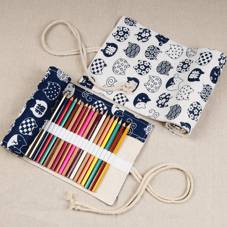 enyuwlcm Canvas Stationery Handmade Roll Up Pencil Case for Artist Pencil  Wrap Coloring Pencil Holder 24/36/48/72 Slots Cat Pattern White(24slots)