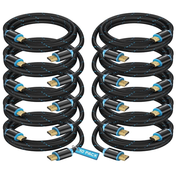 Maximm High-Speed HDMI 2.0 4K Nylon Braided Cable, 5 Feet,10-Pack (Includes Cable Clips, Ties and Right Angle Adapter)