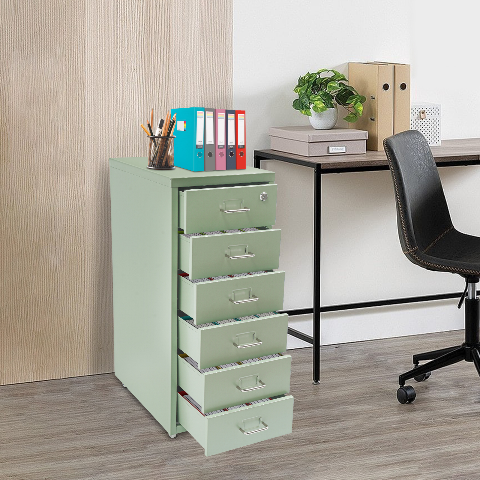 Green Drawer File Cabinet with Lock 6-Drawers Filing Chest Metal Vertical File Cabinet Organizers Movable Under Desk Storage Cabinets for Home Office-11*16*27in, Load 22lbs/ Each Tier, Rectangular