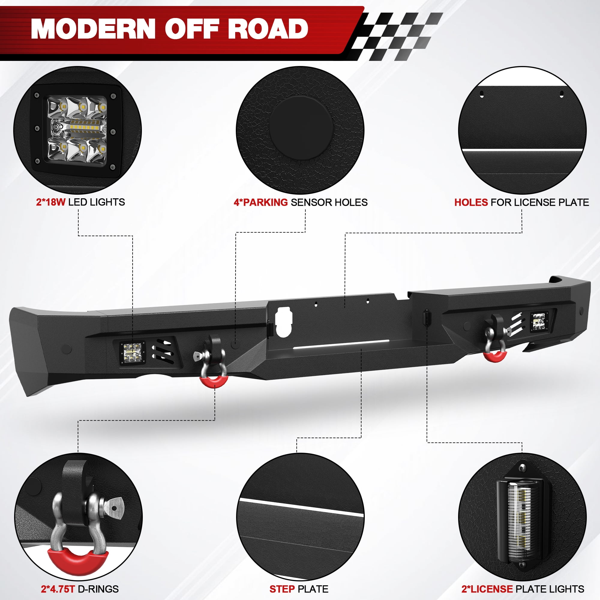 POFENZE Fits 2015-2016-2017-2018 Ram 1500 Rebel Bumper Combo Steel Front and Rear Bumper w/Winch Plate LED Lights