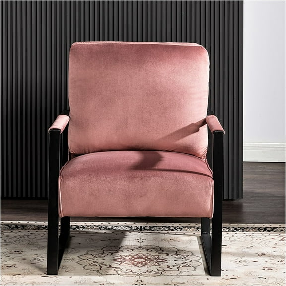 JERFIT Mid Century Modern Velvet Accent Chair, Upholstered Armchair with Square Metal Frame for Living Room, Bedroom & Office, Rose Pink