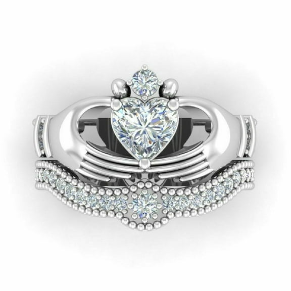 Claddagh Diamond Bridal Ring Set, Heart Cut Diamond Engagement Ring Set, Proposal Diamond Ring Set For Girlfriend, 14K White Gold Plated, 2.4 Ct Simulated Diamond, Party Wear Diamond Ring Set