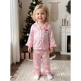 thumbnail image 3 of Cjfdfy Toddler Baby Girl Boy Christmas Satin Pajamas Tree Santa Claus Print Long Sleeve Ruffle Trim striped Shirt Pants Kids Baby Cute My First Christmas Holiday Sleepwear 1-6Y, 3 of 9