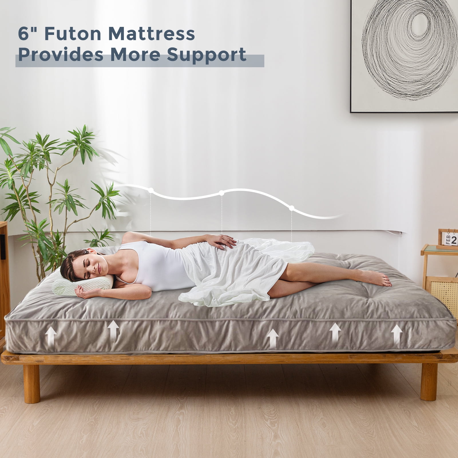 BYBYME 6" Futon Mattress,Velvet Thick Futons Sofa Couch Bed,Floor Mattress for Adults,Shredded Foam Filling,Grey Queen(Frame Not Included)