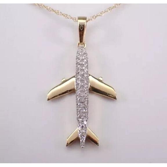 1.00Ct Round Cut Real Moissanite Airplane Pendant 14K Yellow Gold Plated Silver