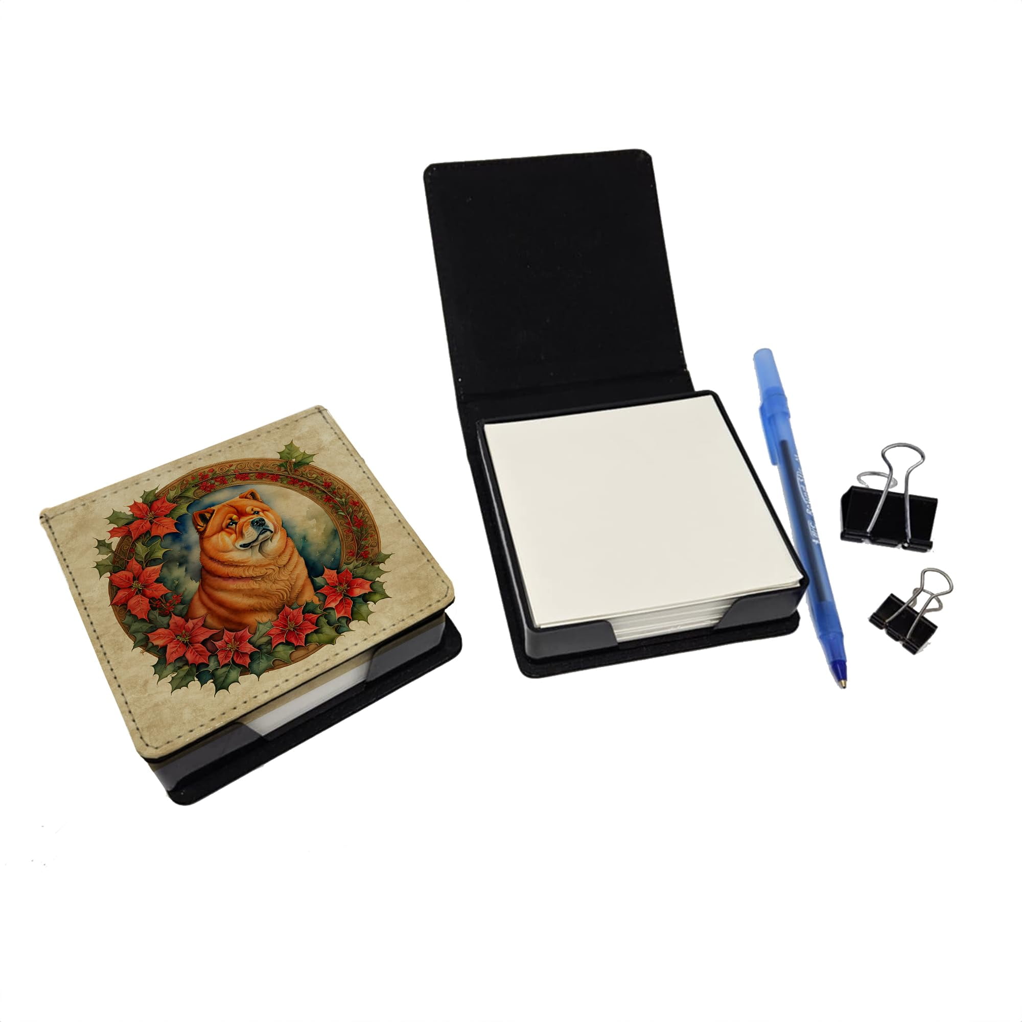 Caroline's Treasures Chow Chow Christmas Flowers PU Leather Note Paper Holder with Artist-Designed Cover, Desk Accessory, Office Gift