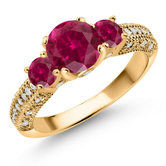 Gem Stone King 18K Yellow Gold Plated Silver Red Created Ruby and White Moissanite Engagement Ring for Women (2.13 Cttw, Gemstone July Birthstone, Round 7MM and 4MM, Size 5)