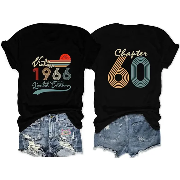 RXGOY Vintage 1966 T-Shirt for Women Chapter 60 Birthday Party Double-Sided Print T-Shirt