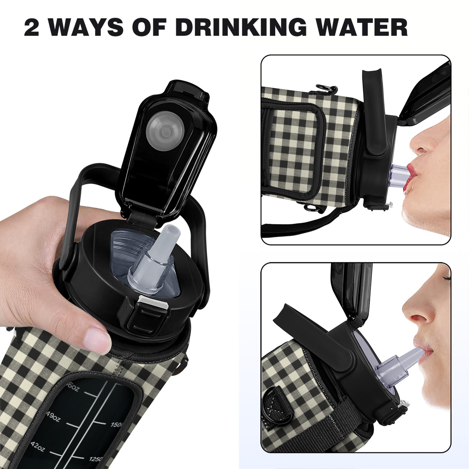 Black&white Check 64 Oz Water Bottle with Sleeve - BPA Free Leakproof Sport Large Plastic Water Bottle with Straw Strap & Insulated Neoprene Holder Carrier Bag Great Gift for Women Men