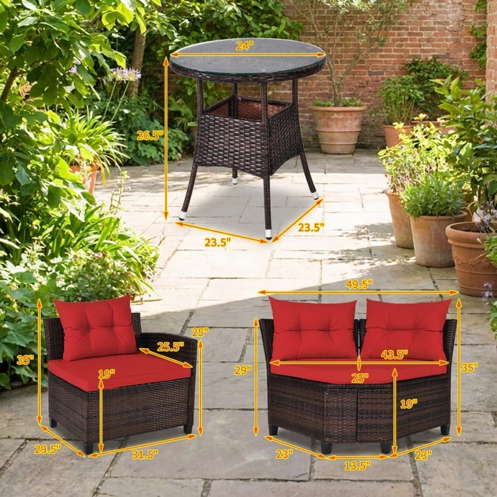 Furnibear 4 Pieces Outdoor Cushioned Rattan Furniture Set Patio Conversation Set with Loveseat Two Armchairs and Table for Backyard, Red
