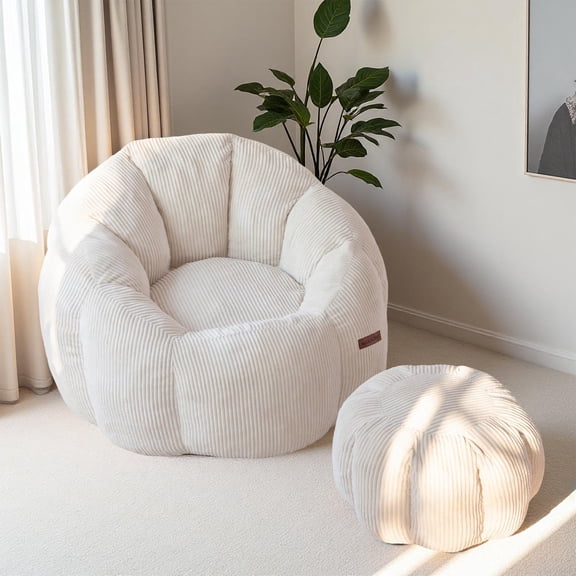GOODONE Pumpkin-Shaped Bean Bag Chair with Ottoman,High Elasticity Giant Lazy Sofa,Oversized Reading Chair with Footstool,Floor Sofa Suitable for Bedroom and Living Room,Beige