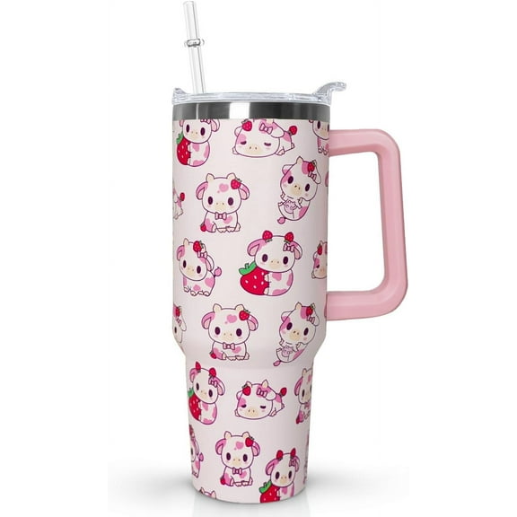 40oz Strawberry Cow Tumbler with Handle - Insulated Travel Mug, Water Bottle Featuring Cute Strawberry Cow Print Design - Leak-Proof Cup (Great Cow Print Gift)