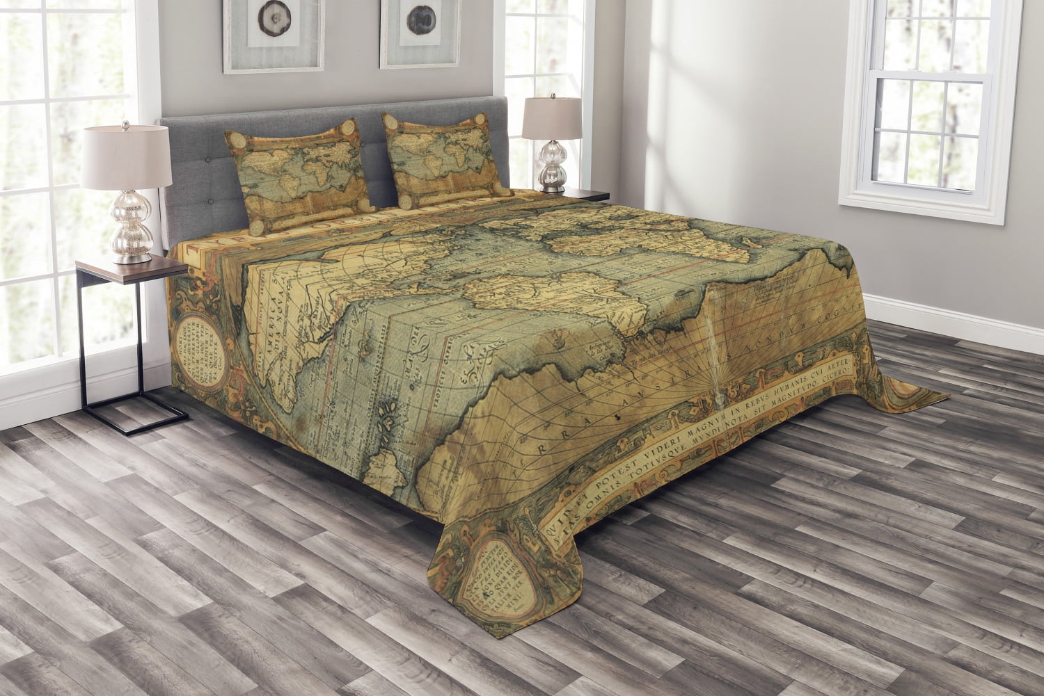 World Map Continent Earth Print Gray Quilted Bedspread & Pillow Shams Set 
