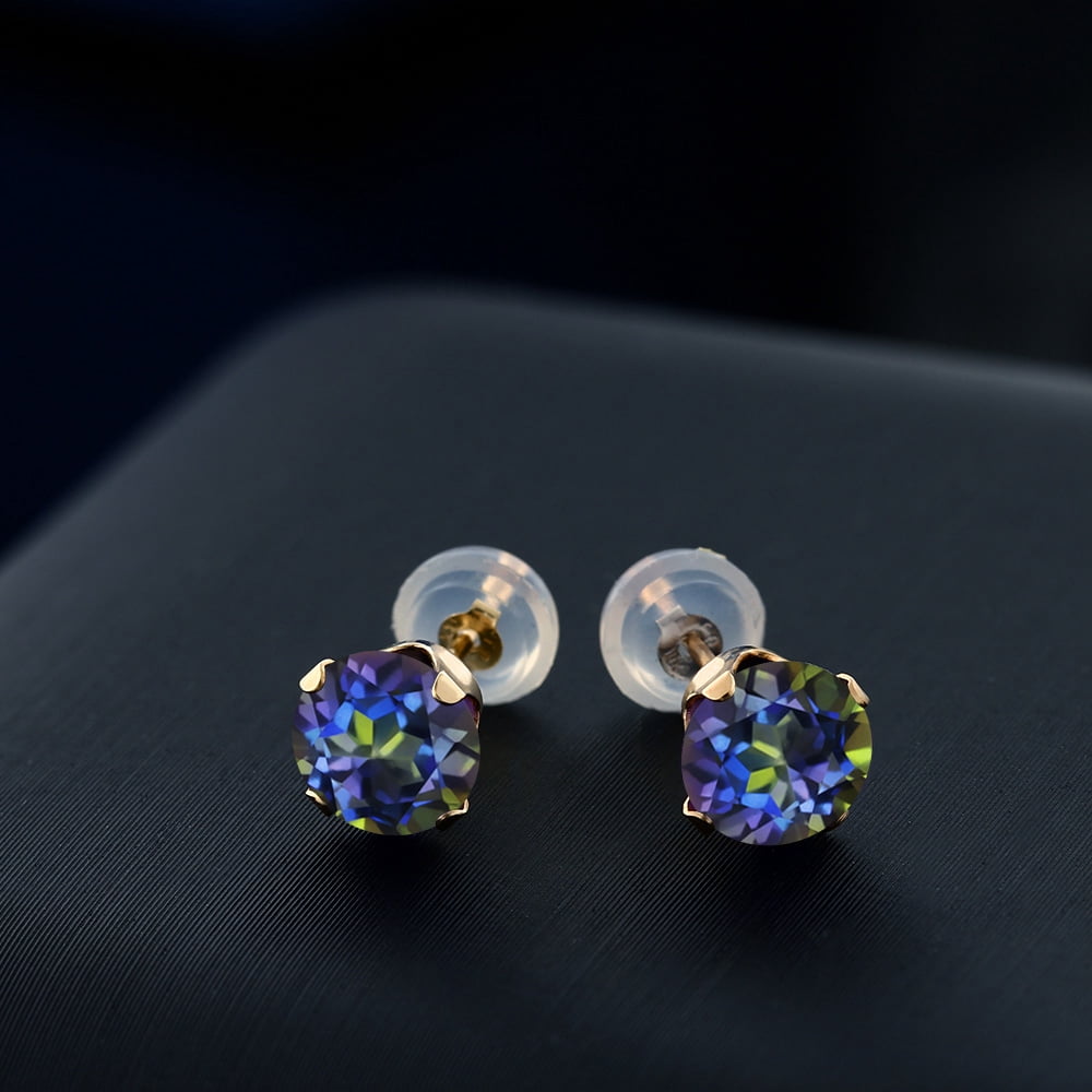 Gem Stone King 2.00 Cttw Blue Mystic Topaz 10K Yellow Gold Stud Earrings for Women | Gemstone Birthstone | Round 6MM