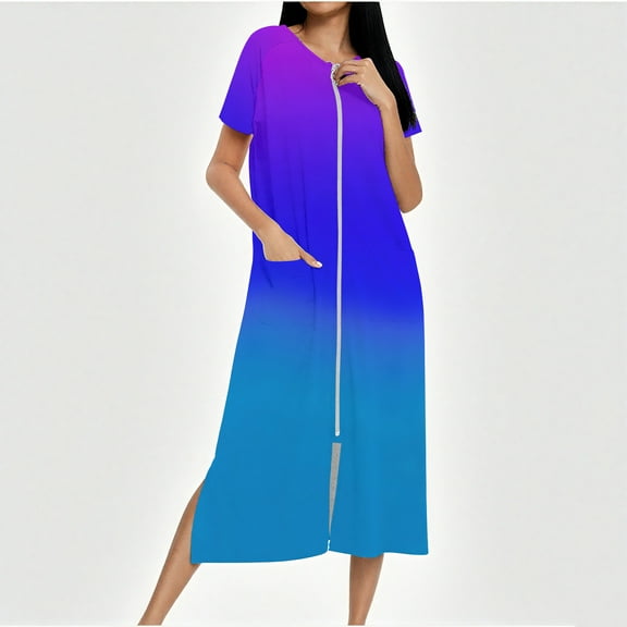 Censtreet Women Zipper Robe Short Sleeves Loungewear Dress Full Length Sleepwear Pockets Housecoat Nightgown Long Bathrobe S-XXL