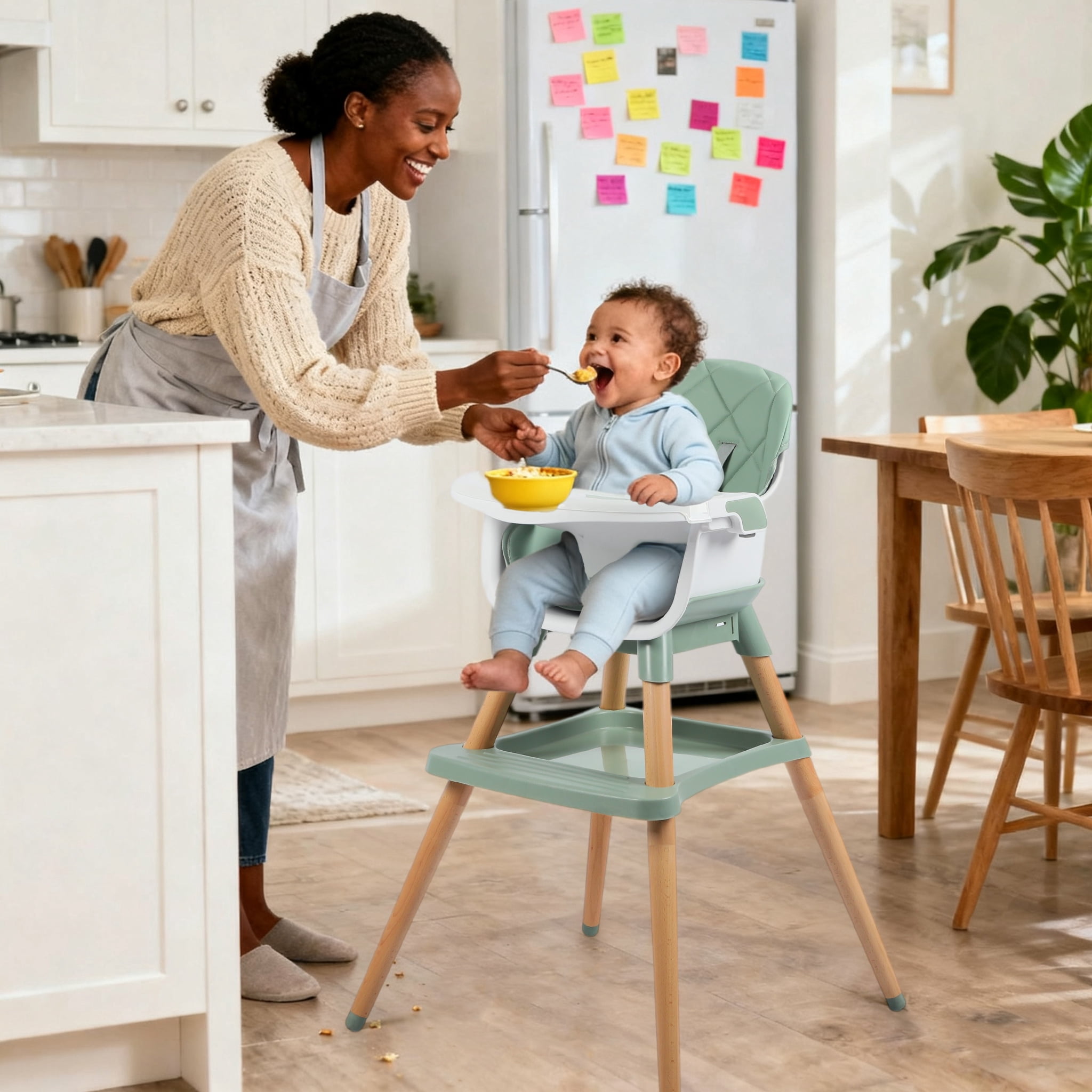 AILEEKISS 7 in 1 Wooden Baby High Chair for Toddler, Infant Feeding Chair with Removable Tray, Green